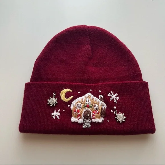 Burgundy Beanie with Embroidered Gingerbread Design - Picture 1 of 3